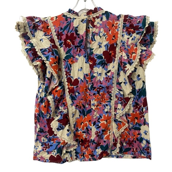 Karlie Floral Colorful Ruffled Short Sleeve Linen Top Blouse - Picture 2 of 6